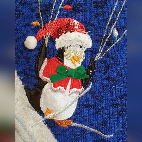 United States Christmas Sweater Penguins Trees Sequins Long Snow Presents XXL - Picture 4 of 9